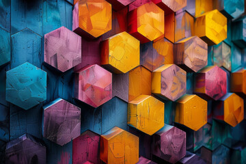 Aufkleber - a geometric pattern made from tessellating hexagons, each featuring a different vibrant color,