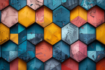 Aufkleber - a geometric pattern made from tessellating hexagons, each featuring a different vibrant color,