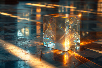 Aufkleber - a hyper-realistic rendering of a glass cube refracting light, set against a dark background,