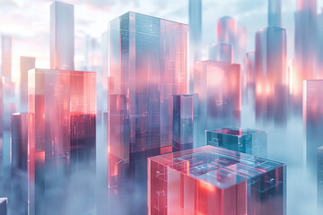 Aufkleber - a futuristic cityscape constructed entirely from various geometric prisms and cubes,