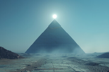 Aufkleber - a surreal artwork of a flat plane with a single pyramid casting a long shadow under a low sun,