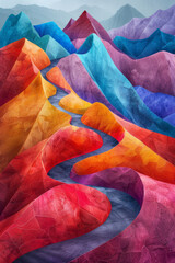Aufkleber - a vividly colored, isometric view of a geometric landscape with hills and valleys made of triangular