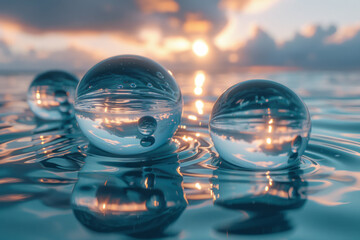 Aufkleber - a dynamic scene of floating spheres over a reflective surface, creating distorted reflections,
