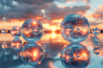 Aufkleber - a dynamic scene of floating spheres over a reflective surface, creating distorted reflections,