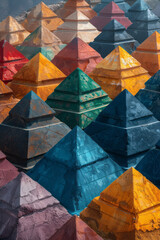 Aufkleber - an array of colorful pyramids arranged in a pattern, viewed from an aerial perspective,