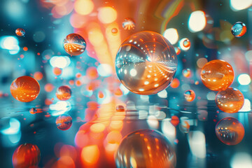 Aufkleber - a dynamic scene of floating spheres over a reflective surface, creating distorted reflections,