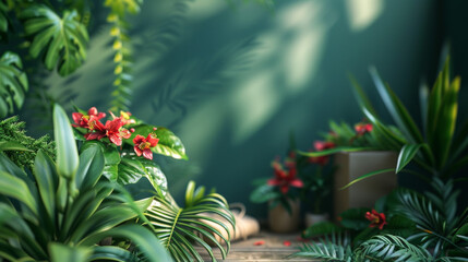 Wall Mural - A lush green jungle with a wall in the background