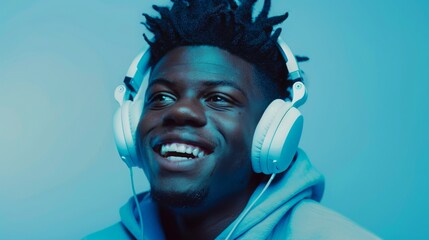 A laughing young man wearing white headphones and a hooded sweatshirt listens to music