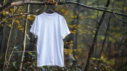 A blank white t-shirt hangs on a tree branch in the forest