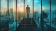 © Nisit - A double exposure showing a businessperson standing before a window overlooking the city merged with ascending bar graphs