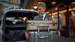 close-up of VIP luxury hotel guest unploading and carrying his suitcase luggage from car
