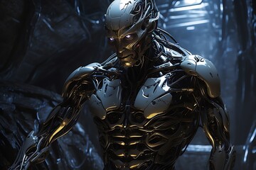 A shiny, silver robot in a 3D rendering, its metallic body gleaming with light