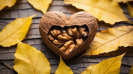 Wall Mural - Heart-shaped walnut amidst autumn foliage demonstrates nature's whimsical side.