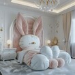 The bed, with oversized pink ears and a soft, rounded form, exudes warmth and whimsy
