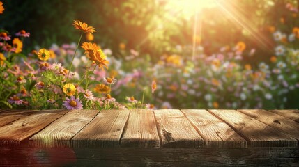 Sunny garden scene with vibrant wildflowers and rustic wooden table.