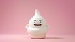Cheerful cartoon-like character with a wide grin on a soft pink background, evoking a fun and lighthearted mood.