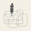 © master1305 - Young woman looking on drawn lines and feeling frustrated and lost. Having no direction to follow. Contemporary art collage. Psychology, inner world, mental health. Conceptual design. Single line art