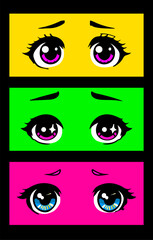 Aufkleber - Concept of comic book frame with big anime eyes of different cartoon characters. Fashion pre-made print for t-shirt, cover or poster template.