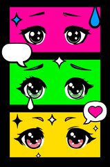 Aufkleber - Concept of comic book frame with big anime eyes of different cartoon characters. Fashion pre-made print for t-shirt, cover or poster template.