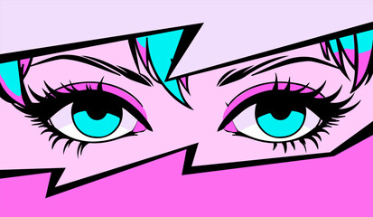 Poster - Pop art vector illustration of anime style eyes with 90's neon retro makeup. Fashionable manga-inspired design.