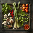 Herb and spicy ingredients for making Thai food. Recipe , Traditional Thai ingredients , Thai food Concept.