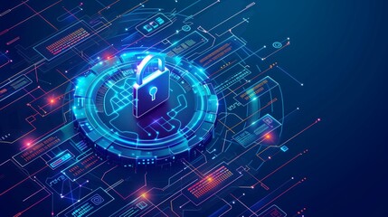 Wall Mural - Vibrant digital illustration of a cybersecurity concept with a glowing padlock icon at the center surrounded by futuristic circuitry.