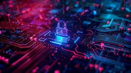 Canvas Print - Futuristic depiction of a neon-lit circuit board with a glowing padlock symbolizing cybersecurity.