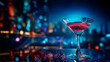 Colorful cocktails in a glass on the bar counter, neon lights on dark night background with lights