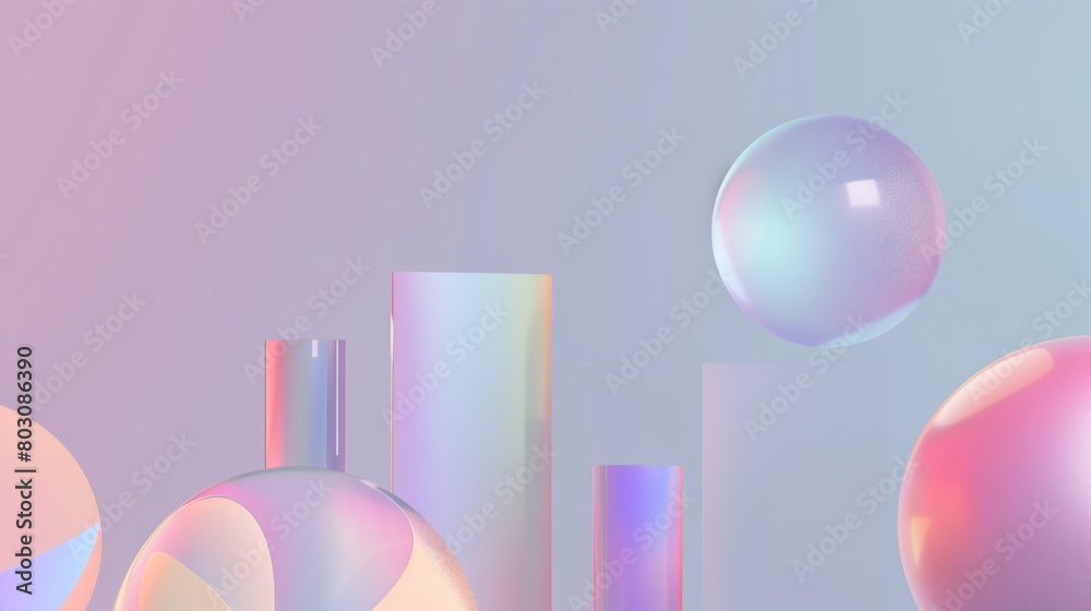 Abstract composition of iridescent spheres and geometric shapes on a ...