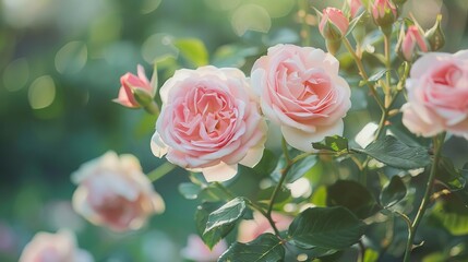 Wall Mural - delicate pink david austin english rose flowers in full bloom romantic garden setting