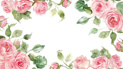 Wall Mural - delicate pink watercolor roses and green leaves forming a romantic border wedding and greeting card illustration