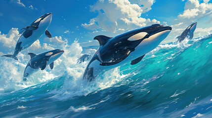 playful pod of killer whales leaping out of the ocean waves,