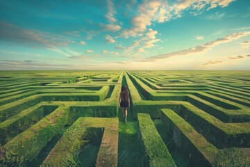 A person finding a way through a maze, reaching an open field under a clear sky, representing the clarity after depression