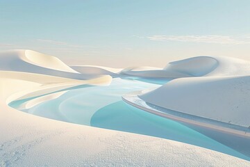 Wall Mural - abstract desert landscape with sand dunes water and geometric shapes 3d rendering