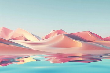 Wall Mural - abstract desert landscape with sand dunes water and geometric shapes 3d rendering