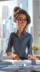 Wall Mural - A woman in a blue shirt and glasses is sitting at a desk with a pen in her hand