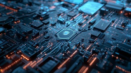 Wall Mural - A detailed close-up of a glowing blue circuit board with a prominent security shield icon.