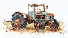 Vintage Tractor Watercolor, Suitable For Rural Life And Historical Themes
