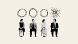 Fototapeta Sport - Being different from other. Young people sitting on chair with clear circles and man with tangled thoughts above. Contemporary art. Psychology, inner world, mental health. Conceptual design. Line art