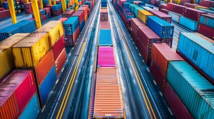 Canvas Print - Aerial view of colorful freight containers and trucks at a busy cargo terminal.