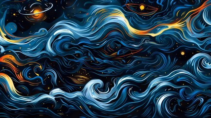 Wall Mural - Cosmic Waves and Celestial Bodies in Abstract Art