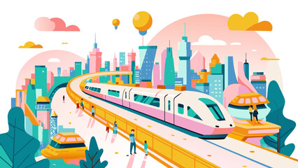 Wall Mural - Colorful Urban Landscape with Modern Train and City Dwellers