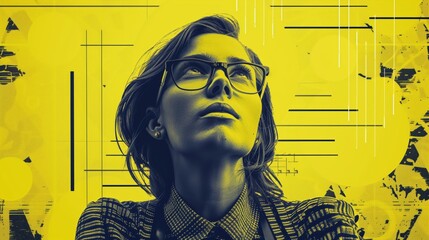 Wall Mural - An artistic portrait of a woman with glasses looking upwards on a vibrant yellow background filled with geometric and abstract elements.