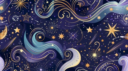 Wall Mural - enchanting celestial patterns with golden accents on deep blue background