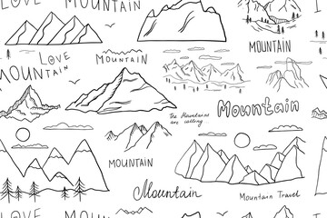 Seamless pattern of mountains and lettering in doodle style. Mountain peaks. Climbing. Hiking. The mountains are calling. Travel design. Adventure. Hand drawn vector illustration Great for poster