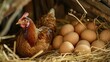 Broody Hen: A hen diligently incubating her eggs in a cozy nest, showcasing the nurturing process of chicken egg hatching.
