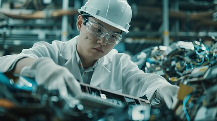 Wall Mural - Focused Asian engineer wearing safety gear working meticulously on machinery in a factory.