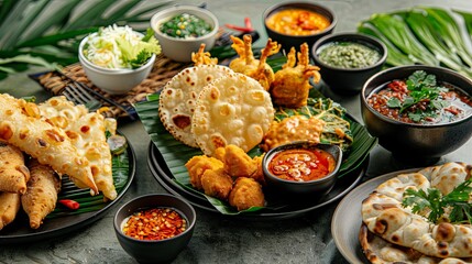 Wall Mural - Crispy Roti Feast: Festive spread of crispy roti, served with an assortment of dipping sauces and toppings,