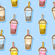 Seamless pattern with cute bubble tea drinks stickers - cartoon background for Your design