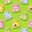 Seamless pattern with cute cartoon milk drinks stickers on green background - cow, almond, coconut milk and yoghurts